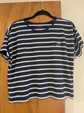 LOFT Navy & White Striped Tee with Embroidered Accent